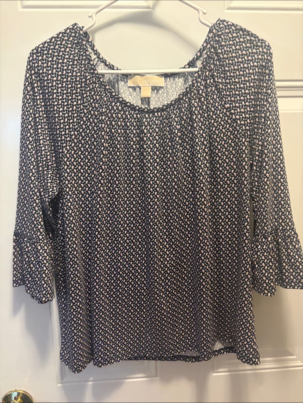 Michael Kors Navy and White Printed Ruffled Sleeve Blouse
